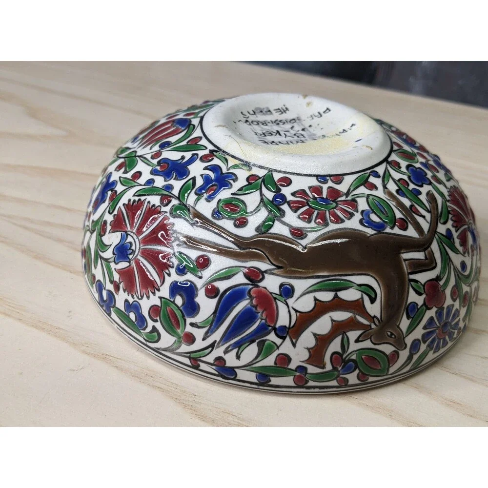 Hand painted Signed Small Turkish Bowl Red Green Floral Deer Trinkets Jewelry